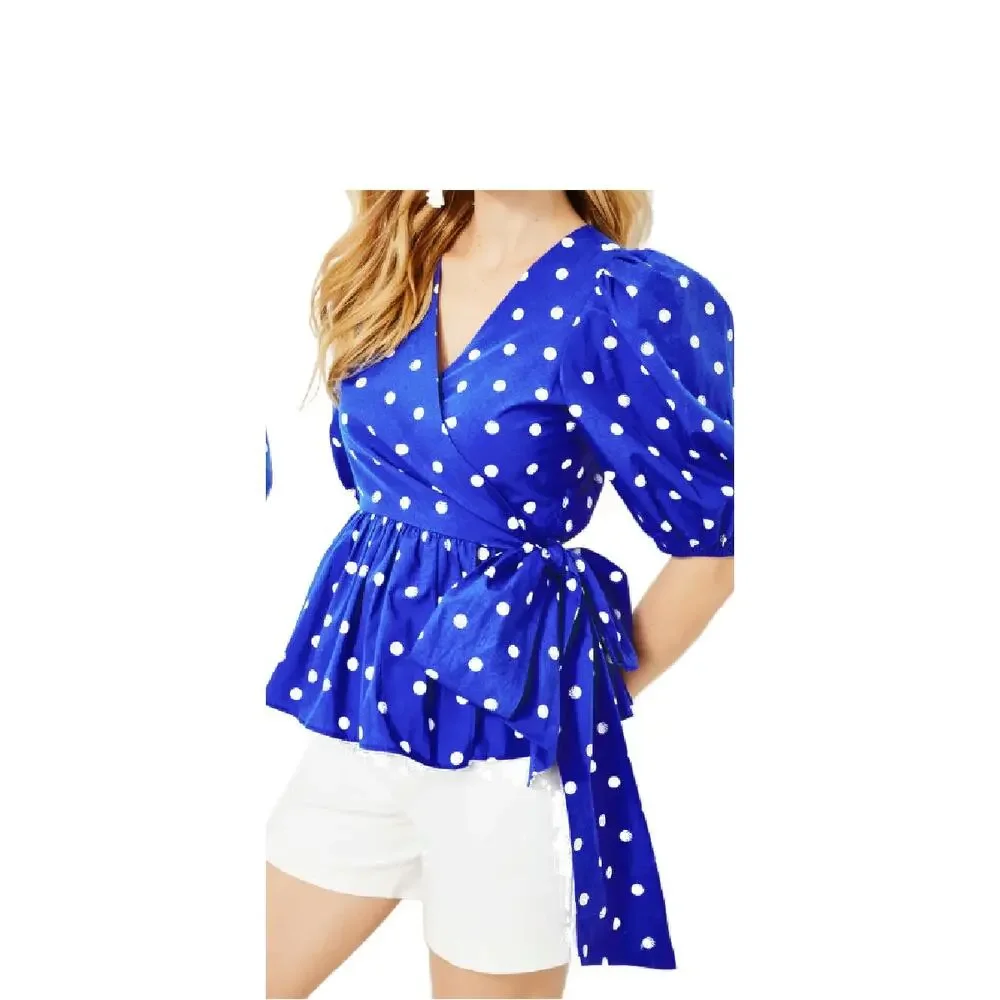 Lilly Pulitzer Kara Cotton Wrap Top Blue Dot Grotto Hotter Spot Sz 6 Puff Sleeve